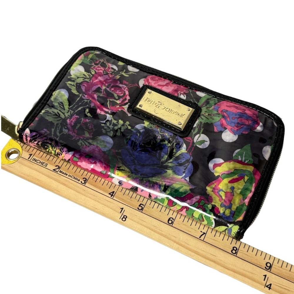 Betsey Johnson Zip Around Accordion Wallet Black Floral Polka Dot Kitschy Vinyl - Picture 11 of 12